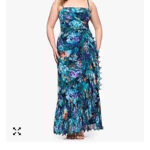 Xscape Teal and Turquoise Floral Ruffled Maxi Dress